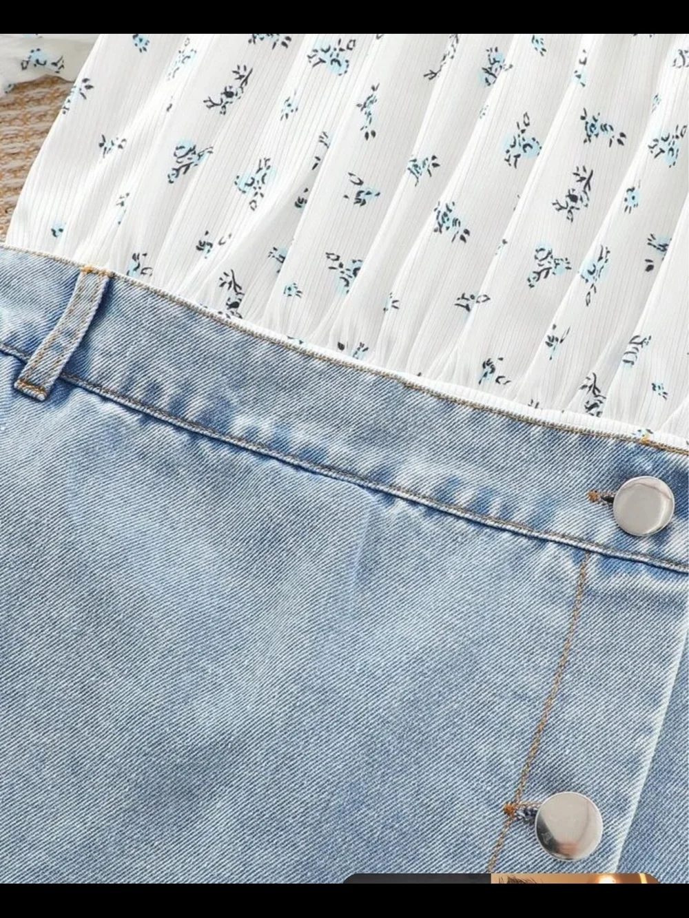 White Floral Puff-Sleeve Top & Light Blue Denim Skirt Kids Matching Set